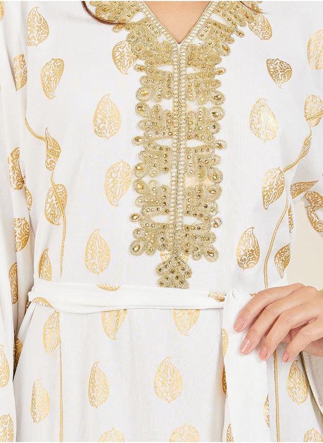 Styli - Foil Print Embroidered Neck Jalabiya with Self Tie Up - Image 1