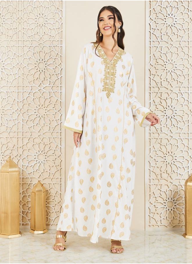 Styli - Foil Print Embroidered Neck Jalabiya with Self Tie Up - Image 1