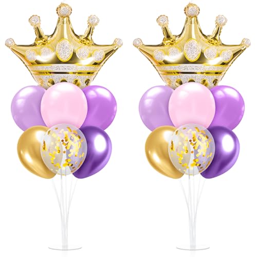 Seematn 2 Set Princess Balloon Stand Kits Purple Gold Crown Balloons Sticks Holder with Base Princess Birthday Party Table Centerpiece Kit for Woman Queen Wedding Baby Shower Fairy Tale Decoration - Image 1