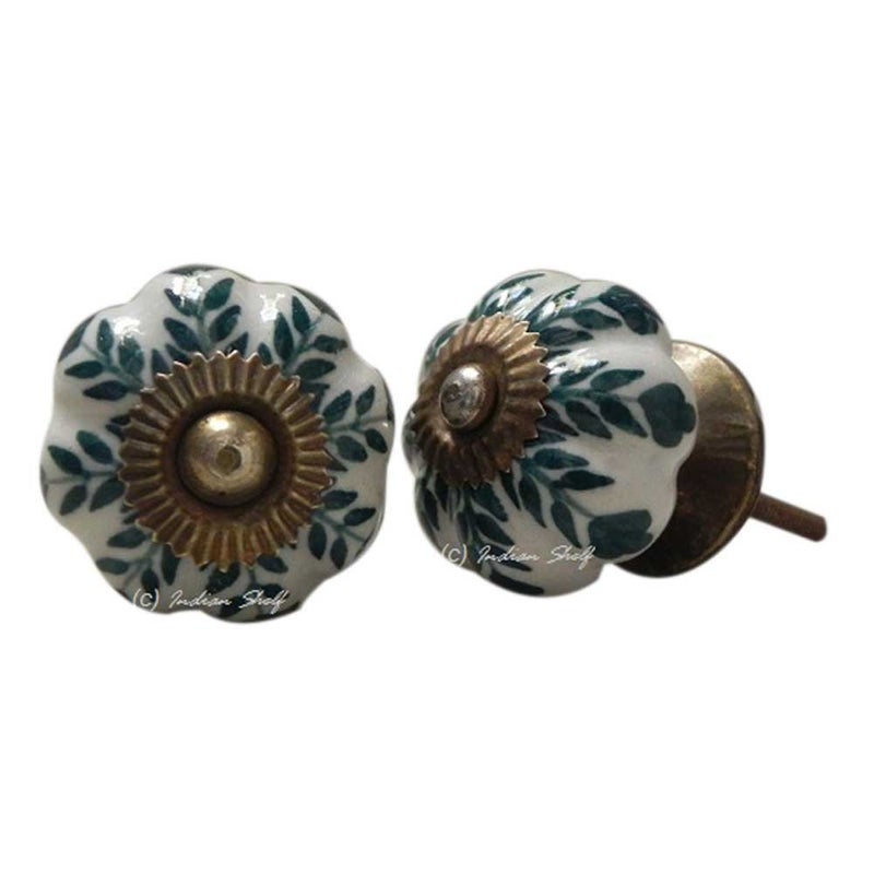Indian-Shelf 2 Piece Green Leaf Ceramic Luxurious Drawer Knobs for Kitchen Cabinet Hardware Door Pulls Decorative Dresser Elegance - Image 3