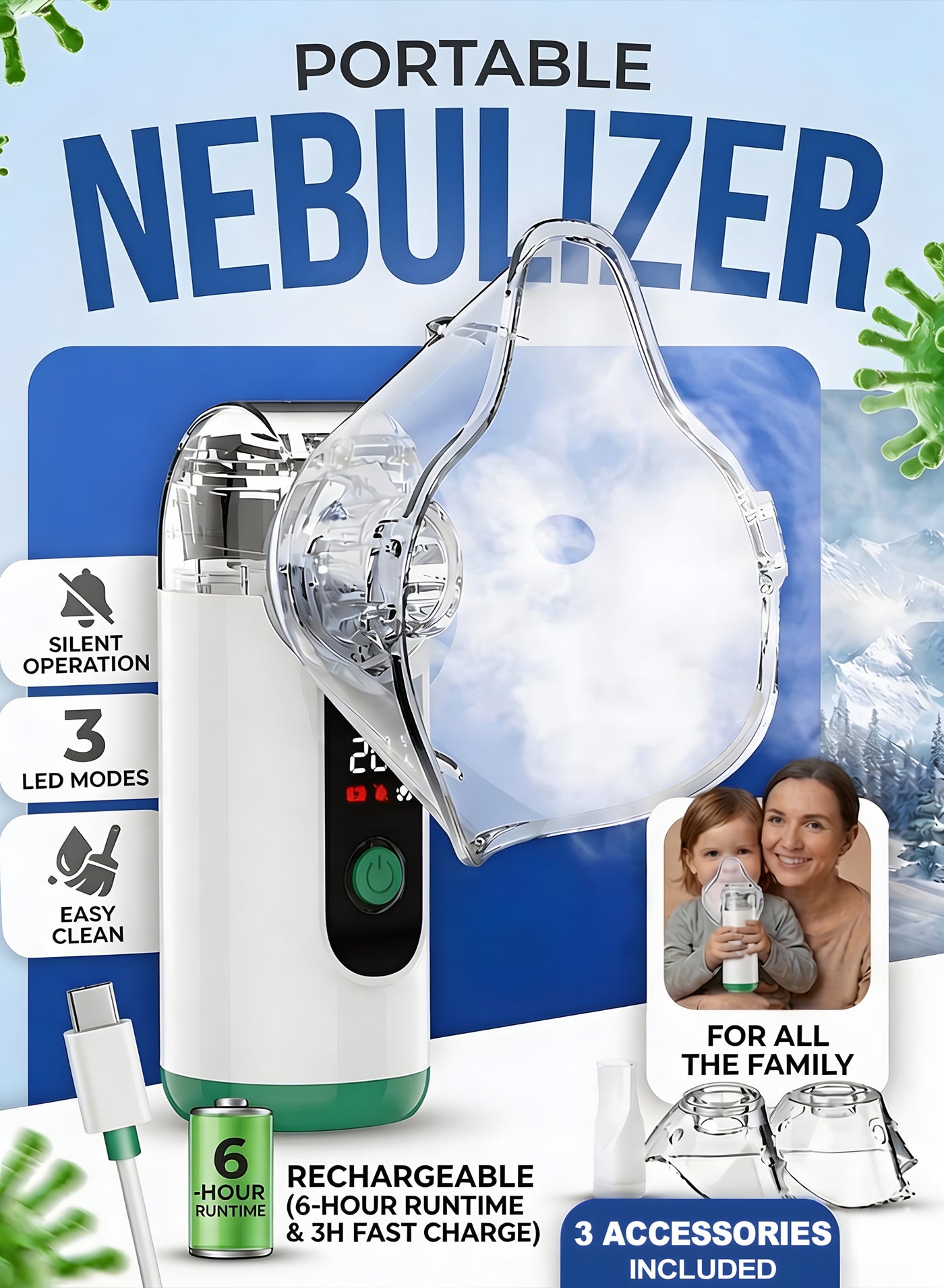 Portable Nebulizer Machine, Mini Ultrasonic Vaporizer with Self-Clean Mode Adjustable Mist Output, Includes Masks and Mouthpieces, USB Rechargeable Handheld Nebuliser for Adults And Kids, Perfect for Home and Travel Use