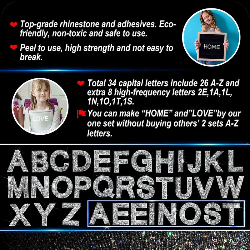 Locacrystal 34Pcs Rhinestone Letter Stickers Bling Glitter Alphabet A-Z Letters Self-Adhesive Crystal Rhinestones Word Sticker Iron on Letters for Clothing Art Crafts DIY Decors(Sliver+White,2.24") - Image 4