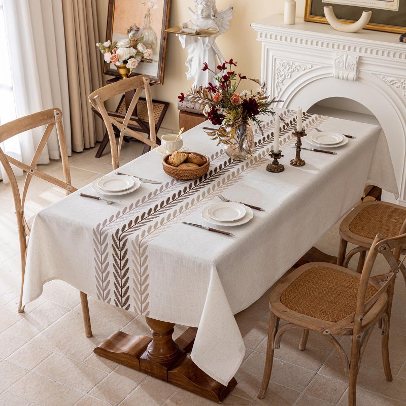 Joyfol Day Linen Tablecloths for Rectangle Table, Heavy Duty Beige Embroidery Tablecloths, Burlap Farmhouse Tablecloth, Waterproof and Wrinkle Free Table Cover, 70''x 55'' - Image 1