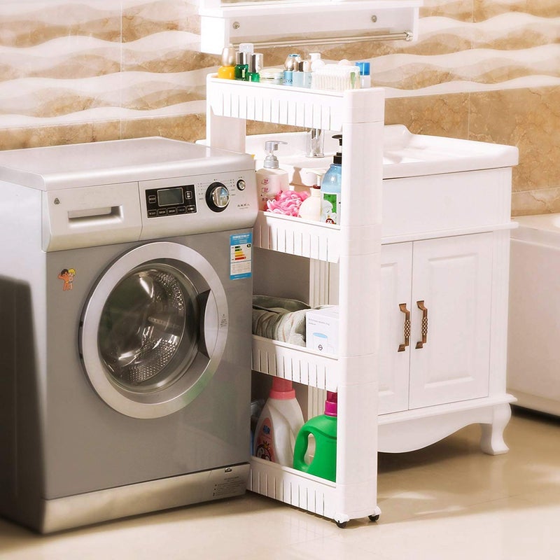 FAGVA 4 Layer Multipurpose Plastic Storage Organizer Slim Rack Shelf with Wheels Slim Slide Out Kitchen Trolley Rack Holder Storage Organizer for Kitchen Bathroom - Image 3