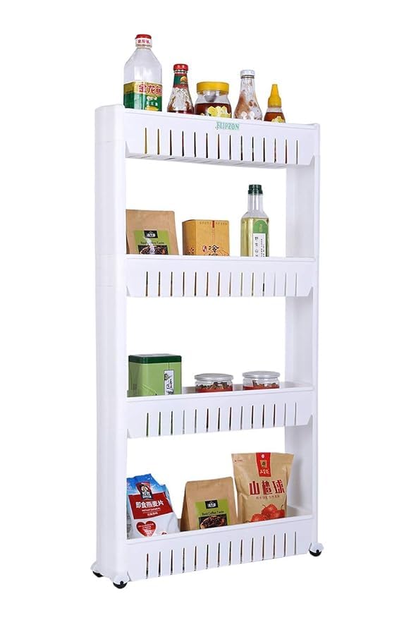 FAGVA 4 Layer Multipurpose Plastic Storage Organizer Slim Rack Shelf with Wheels Slim Slide Out Kitchen Trolley Rack Holder Storage Organizer for Kitchen Bathroom - Image 1