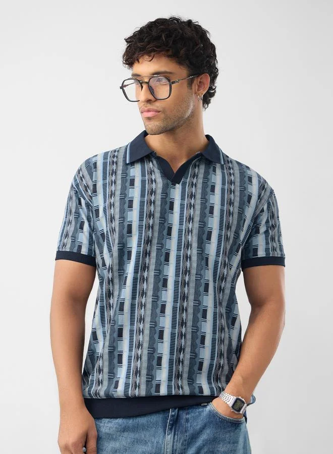 The Souled Store Blue Jacquard Pattern Knit Polo