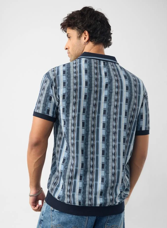 The Souled Store Blue Jacquard Pattern Knit Polo