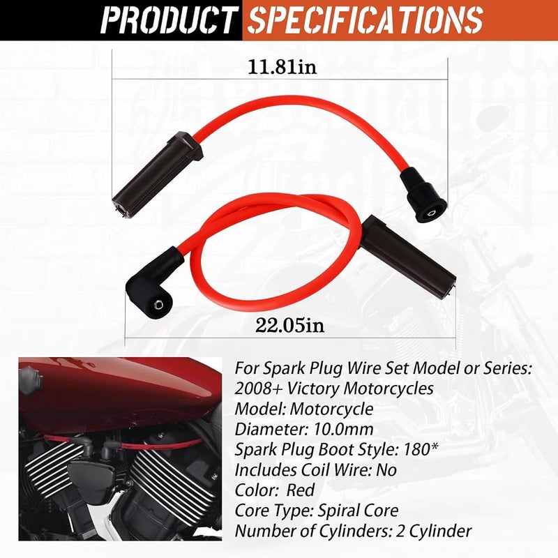 HQPARRTS 10mm Red Spark Plug Wires for 2008+ Victory Motorcycles (10mm Red Spark Plug Wires) - Image 3