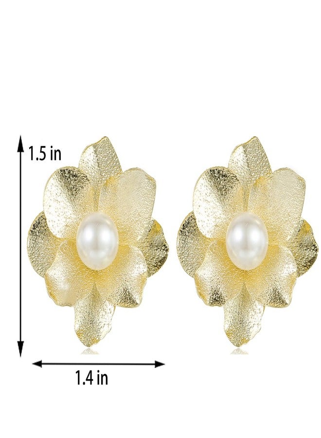 Xalroco Pearl 14K Gold Flower Stud Earrings (Gold Flower Pearl Earrings) - Image 4