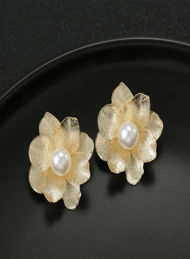 Xalroco Pearl 14K Gold Flower Stud Earrings (Gold Flower Pearl Earrings) - Image 3
