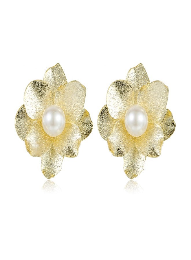Xalroco Pearl 14K Gold Flower Stud Earrings (Gold Flower Pearl Earrings) - Image 1