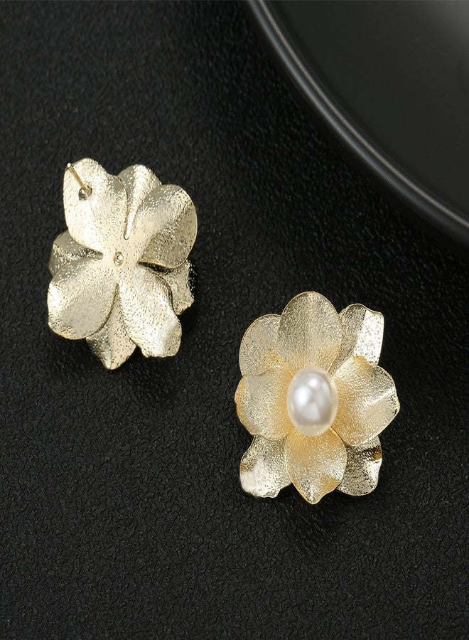 Xalroco Pearl 14K Gold Flower Stud Earrings (Gold Flower Pearl Earrings) - Image 5