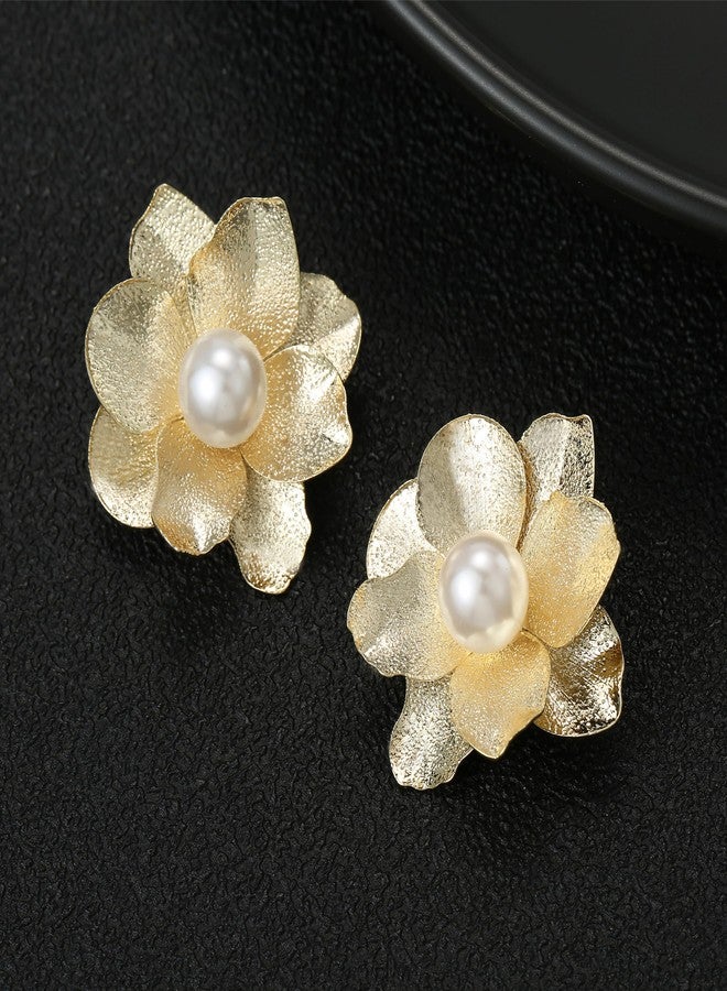 Xalroco Pearl 14K Gold Flower Stud Earrings (Gold Flower Pearl Earrings) - Image 2