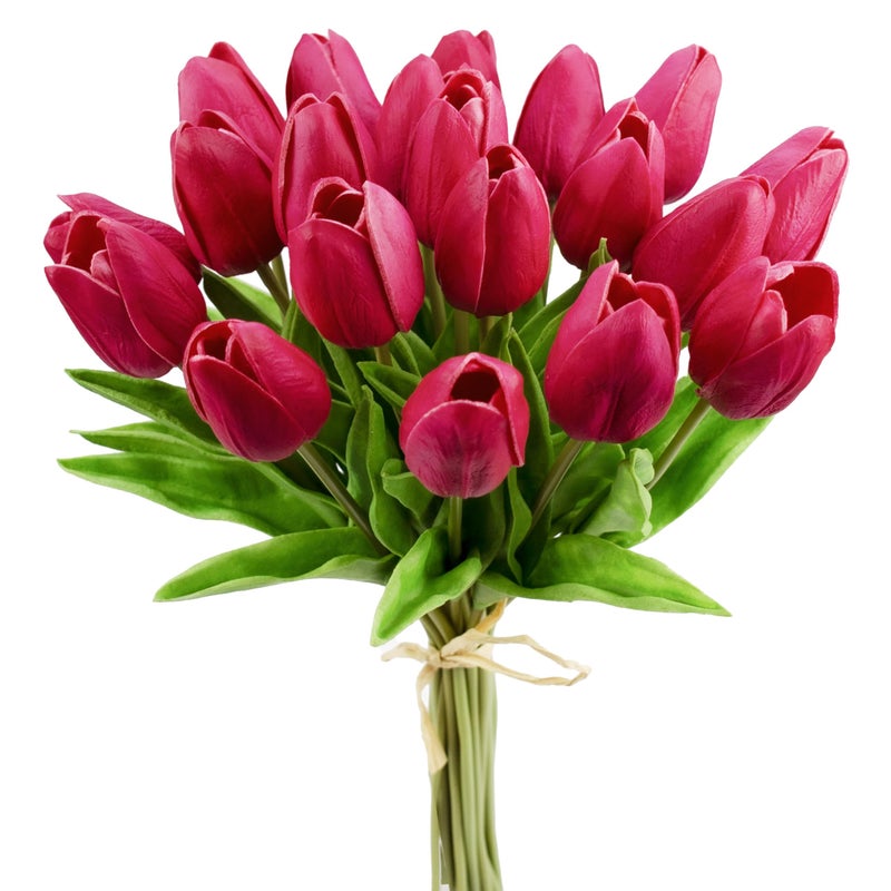 Mandy's Artificial Tulips 20 Stems Hot Pink PU Faux Flowers for Valentine's Day and Easter Decorations Wedding Home Decor 13.5 Inch - Image 1