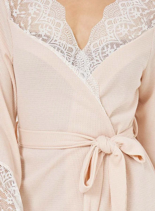Styli Lace Trim Detail Waffle Texture Robe