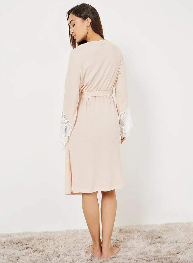 Styli Lace Trim Detail Waffle Texture Robe
