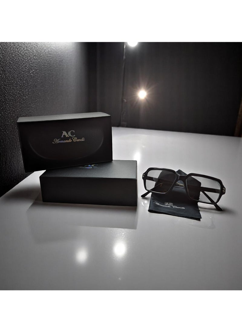 Armando Cavelli - Authentic Armando Cavelli sunglasses, crafted from carefully selected premium acetate for a luxurious look and longevity with extensive use. This model combines modernity and classic style, with a raw black acetate front and silver -plated metal temples to complete your luxury look. Comes with premium polymer lenses offer UV400 protection in a blue grey - Image 1