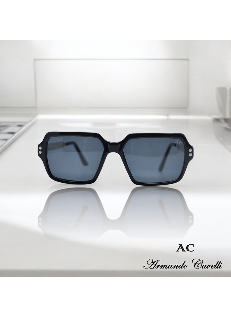 Armando Cavelli - Authentic Armando Cavelli sunglasses, crafted from carefully selected premium acetate for a luxurious look and longevity with extensive use. This model combines modernity and classic style, with a raw black acetate front and silver -plated metal temples to complete your luxury look. Comes with premium polymer lenses offer UV400 protection in a blue grey - Image 1