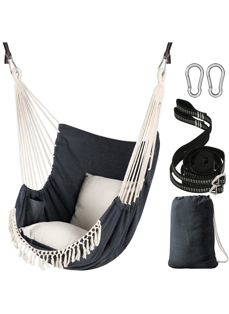 Chihee Chihee Hammock Chair Hanging Swing 2 Pillows IncludedStrong Webbing Straps and Hooks for Easy Hanging Soft Cotton Hanging Chair Side Pocket Tassel Chair Comfort Indoor Outdoor Dark Grey 
