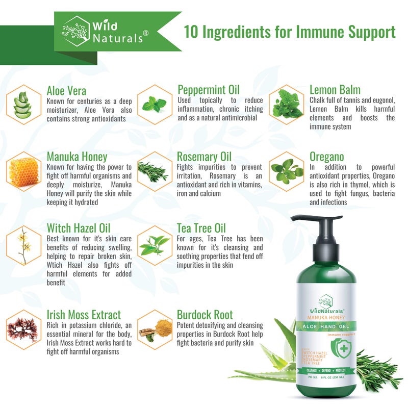 Wild Naturals Pure Aloe Vera Gel Hand Cleaner - 100% Aloe Vera Gel Organic with Manuka Honey, Witch Hazel, Peppermint, Oregano, Rosemary, & Cleansing Tea Tree - Organic Waterless Purifying Wash - Image 2