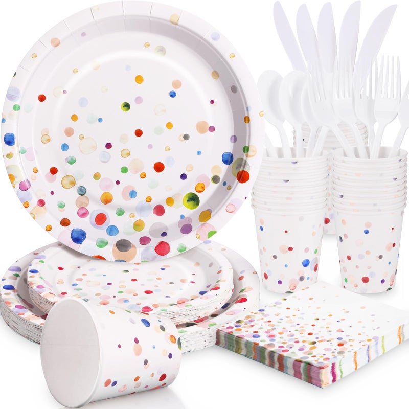 Gudvilla Colorful Birthday Plates and Napkins 168PCS Confetti Plates Disposable Tableware Serve 24Happy Birthday Party Plates Set for Holiday Party Supplies Bubble DecorationsColorful Paper Plates