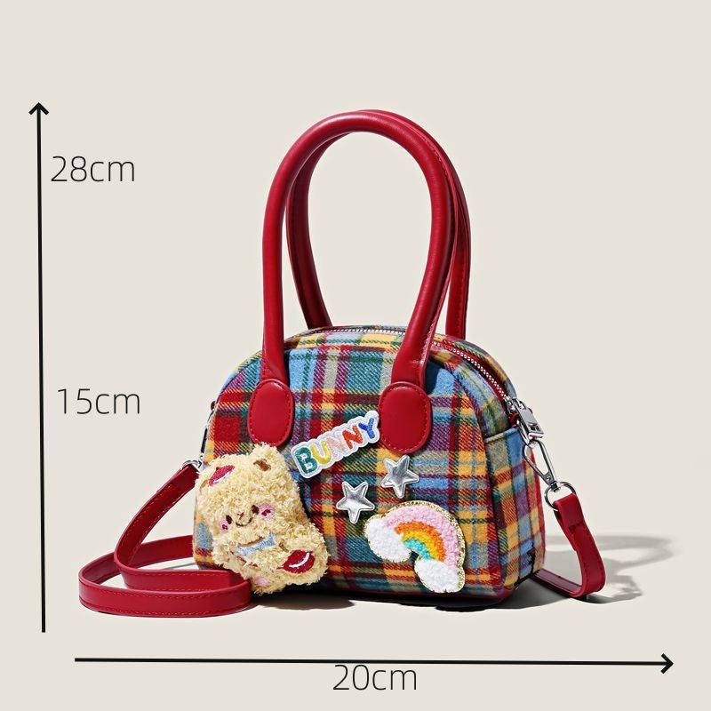 Cute Plaid Shoulder Bag with Little Brown Bear - Image 4