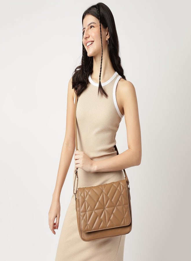 Fastrack Quilted Messenger Bag for Women, Girls and Ladies | Ladies Purse Handbag Tan - Image 2