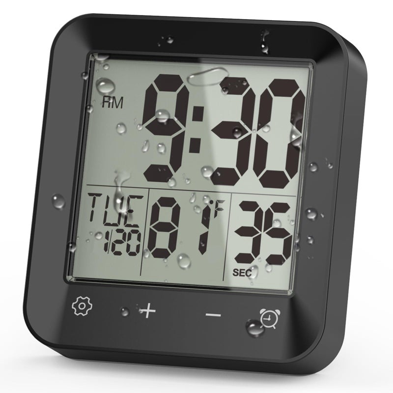 Wisoee Waterproof Shower Clock Timer, Bathroom Clock with Countdown, Touch Screen, Indoor Temperature, Suction Cup, LCD Digital Wall Clock for Bath, Kitchen - Image 1
