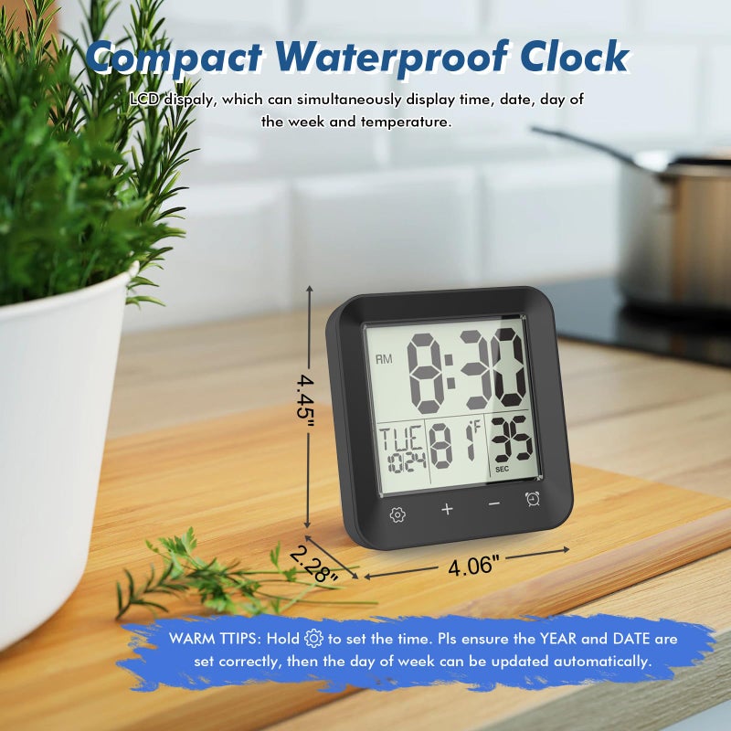 Wisoee Waterproof Shower Clock Timer, Bathroom Clock with Countdown, Touch Screen, Indoor Temperature, Suction Cup, LCD Digital Wall Clock for Bath, Kitchen - Image 5