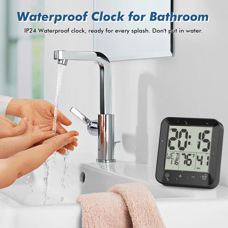 Wisoee Waterproof Shower Clock Timer, Bathroom Clock with Countdown, Touch Screen, Indoor Temperature, Suction Cup, LCD Digital Wall Clock for Bath, Kitchen - Image 2