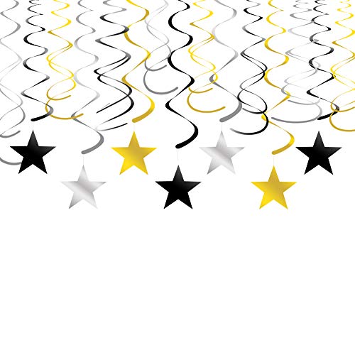 Adeer Gold Silver Black Star Hanging Swirl Decorations Stars Streamers Foil Swirls for Ceiling Decorations Graduation Party Supplies Black and Gold Party Decorations Pack of 30
