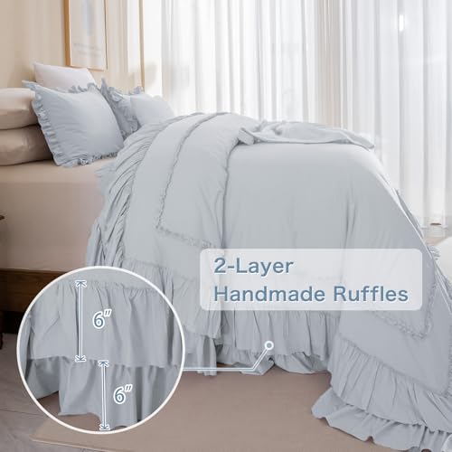 Masaca Oversized King Comforter 128x120,3 Pieces Vintage Farmhouse Ruffled Bedding Comforter Set Lightweight Ultra Soft French Country Bedding (1 Light Blue Ruffle Comforter +2 Pillowcases) - Image 3