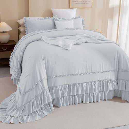 Masaca Oversized King Comforter 128x120,3 Pieces Vintage Farmhouse Ruffled Bedding Comforter Set Lightweight Ultra Soft French Country Bedding (1 Light Blue Ruffle Comforter +2 Pillowcases) - Image 1