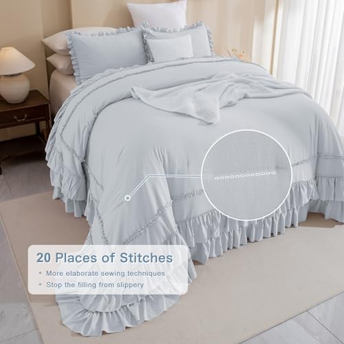 Masaca Oversized King Comforter 128x120,3 Pieces Vintage Farmhouse Ruffled Bedding Comforter Set Lightweight Ultra Soft French Country Bedding (1 Light Blue Ruffle Comforter +2 Pillowcases) - Image 5