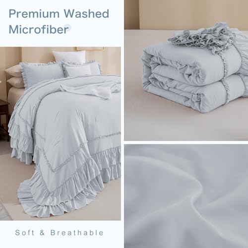 Masaca Oversized King Comforter 128x120,3 Pieces Vintage Farmhouse Ruffled Bedding Comforter Set Lightweight Ultra Soft French Country Bedding (1 Light Blue Ruffle Comforter +2 Pillowcases) - Image 4