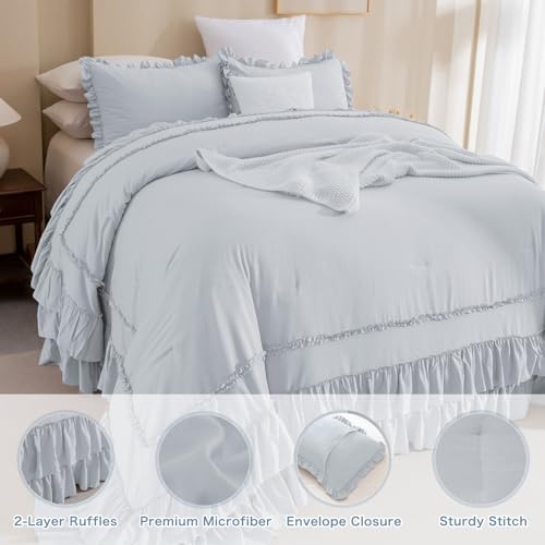 Masaca Oversized King Comforter 128x120,3 Pieces Vintage Farmhouse Ruffled Bedding Comforter Set Lightweight Ultra Soft French Country Bedding (1 Light Blue Ruffle Comforter +2 Pillowcases) - Image 2