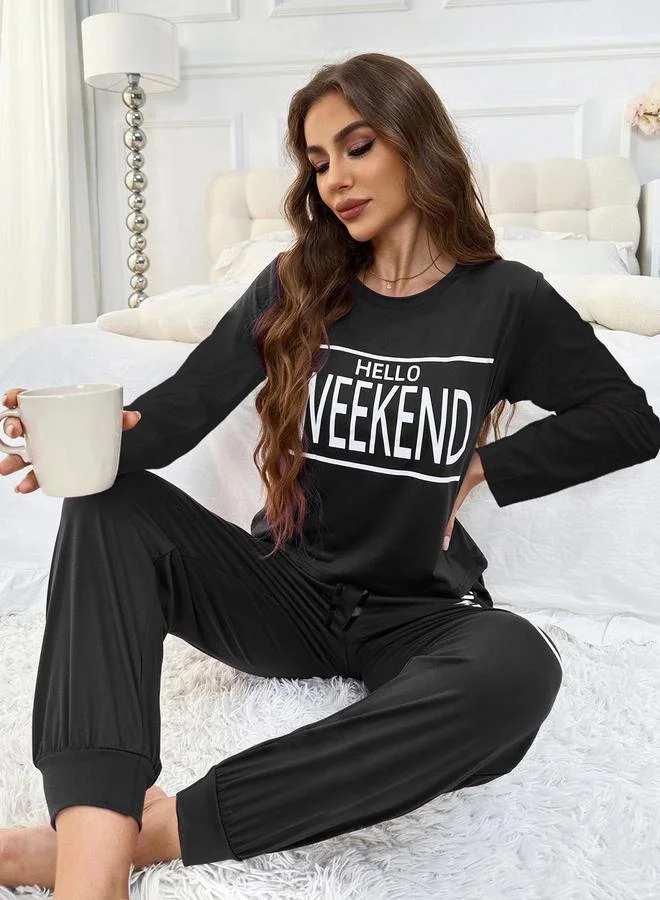 Take Two Black Take Two Slogan Print T-Shirt and Cuffed Pyjama Set for Women | Best Price UAE