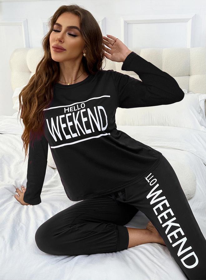 Take Two Slogan Print T-Shirt and Cuffed Pyjama Set - Image 1