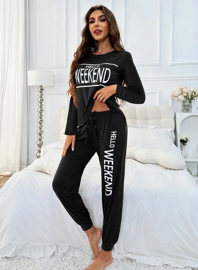 Take Two Black Take Two Slogan Print T-Shirt and Cuffed Pyjama Set for Women | Best Price UAE