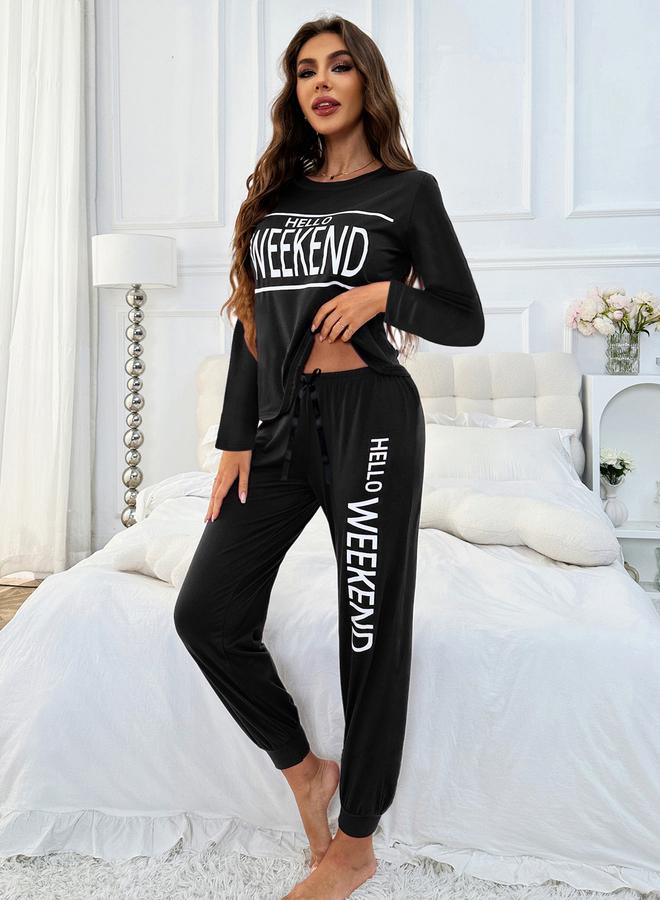 Take Two Slogan Print T-Shirt and Cuffed Pyjama Set - Image 4