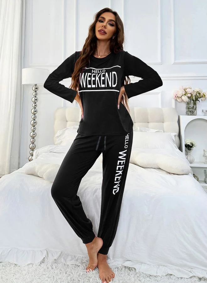 Take Two Black Take Two Slogan Print T-Shirt and Cuffed Pyjama Set for Women | Best Price UAE