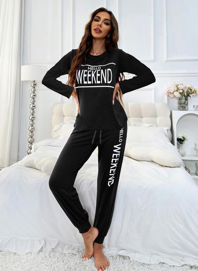 Take Two Slogan Print T-Shirt and Cuffed Pyjama Set - Image 5