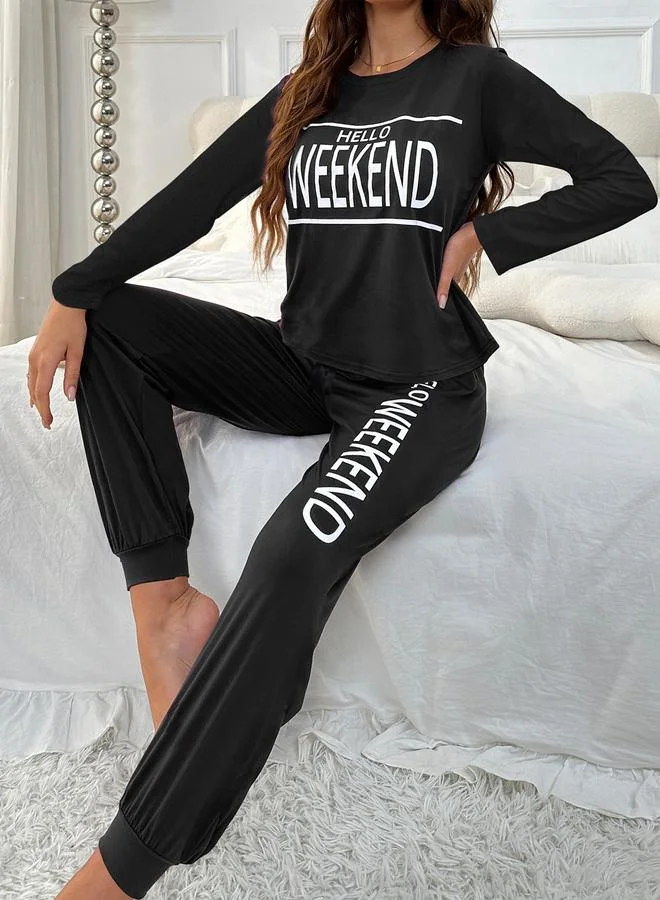Take Two Black Take Two Slogan Print T-Shirt and Cuffed Pyjama Set for Women | Best Price UAE