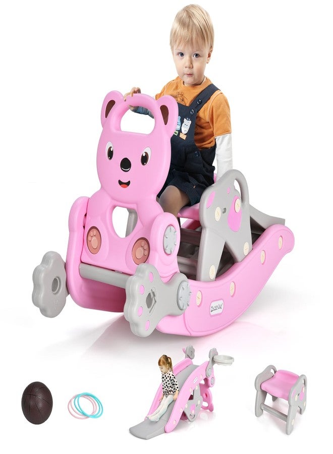 GLACER 5 in 1 Toddler Slide Rocking Toy, Rocking Horse Playset with Slide, Basketball Hoop, Ring Toss Game, Stool & Inflatable Basketball, Convertible Climber Playground for Indoors Outdoors (Pink) - Image 1