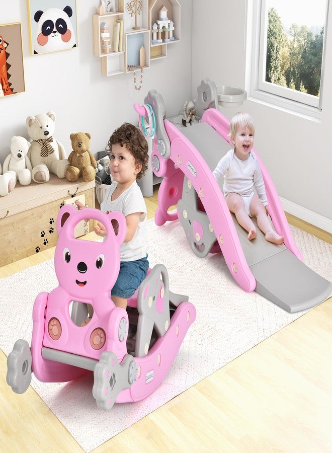 GLACER 5 in 1 Toddler Slide Rocking Toy, Rocking Horse Playset with Slide, Basketball Hoop, Ring Toss Game, Stool & Inflatable Basketball, Convertible Climber Playground for Indoors Outdoors (Pink) - Image 2