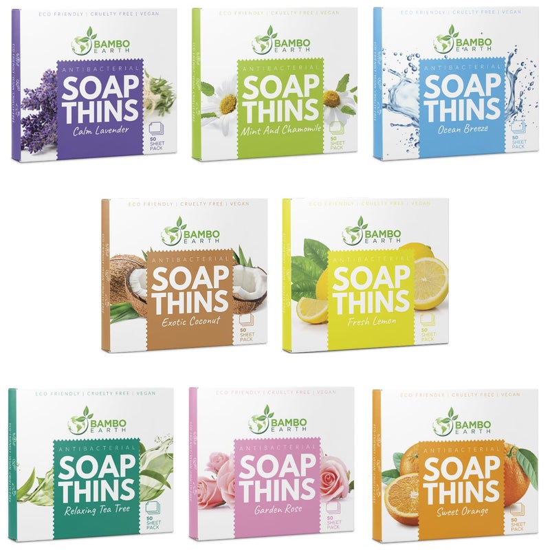 BAMBOEARTH 400 Sheets Antibacterial Paper Soap Strips For Hand Washing - 8 Pack Portable Disinfecting Pocket Travel Soap Thins Dissolvable & Disposable Camping Mini Size Dry SoapSheets For Hands (Variety 8x50) - Image 1