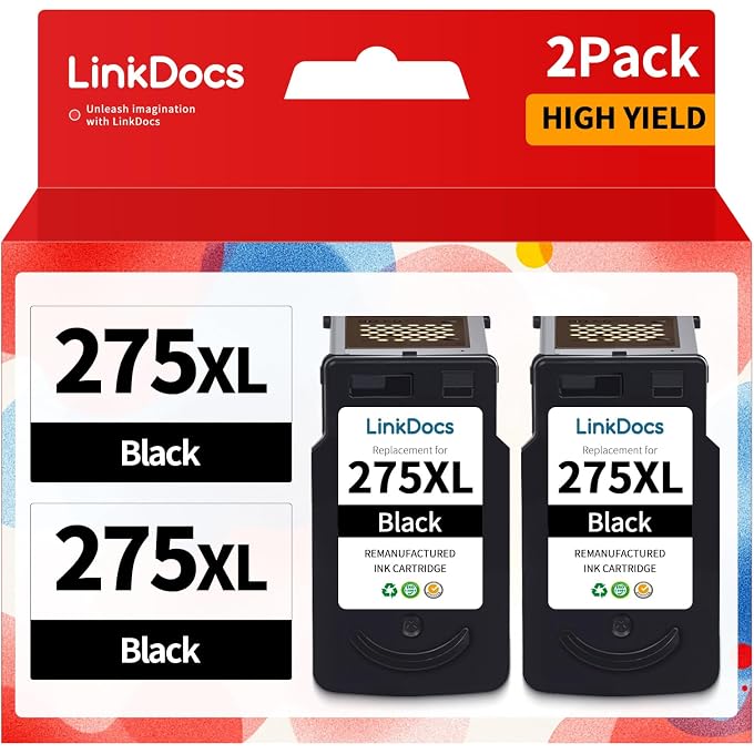 LinkDocs 275XL Remanufactured Ink Cartridge Replacement for 275XL 275 PG-275XL Ink Cartridges Work for PIXMA TS3522 TR4720 TS3520 Printer (2 Black)