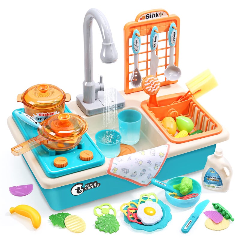 CUTE STONE Play Kitchen Sink Toys with Upgraded Real Faucet, Play Cooking Stove, Cookware Pot and Pan,Play Food, Color Changing Dishes Accessories for Boys Girls Toddlers - Image 1