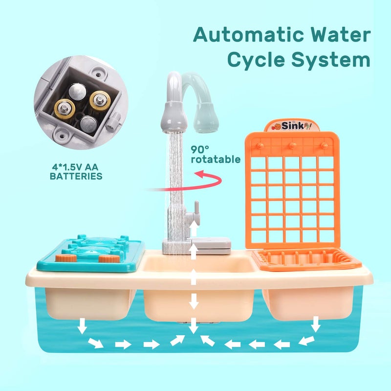 CUTE STONE Play Kitchen Sink Toys with Upgraded Real Faucet, Play Cooking Stove, Cookware Pot and Pan,Play Food, Color Changing Dishes Accessories for Boys Girls Toddlers - Image 3
