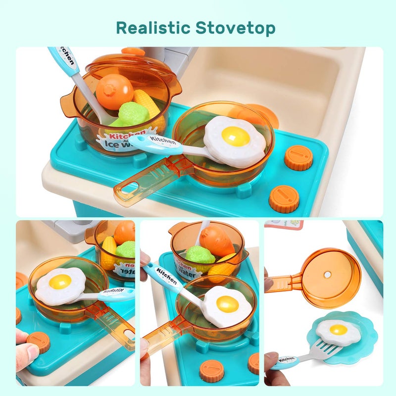 CUTE STONE Play Kitchen Sink Toys with Upgraded Real Faucet, Play Cooking Stove, Cookware Pot and Pan,Play Food, Color Changing Dishes Accessories for Boys Girls Toddlers - Image 2